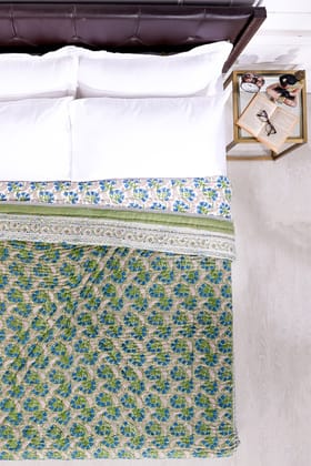 Akshara Butter Cup Bloom Hand Block Printed Green Cotton Muslin Quilt-Double - 90 x 108 in / Green / Green