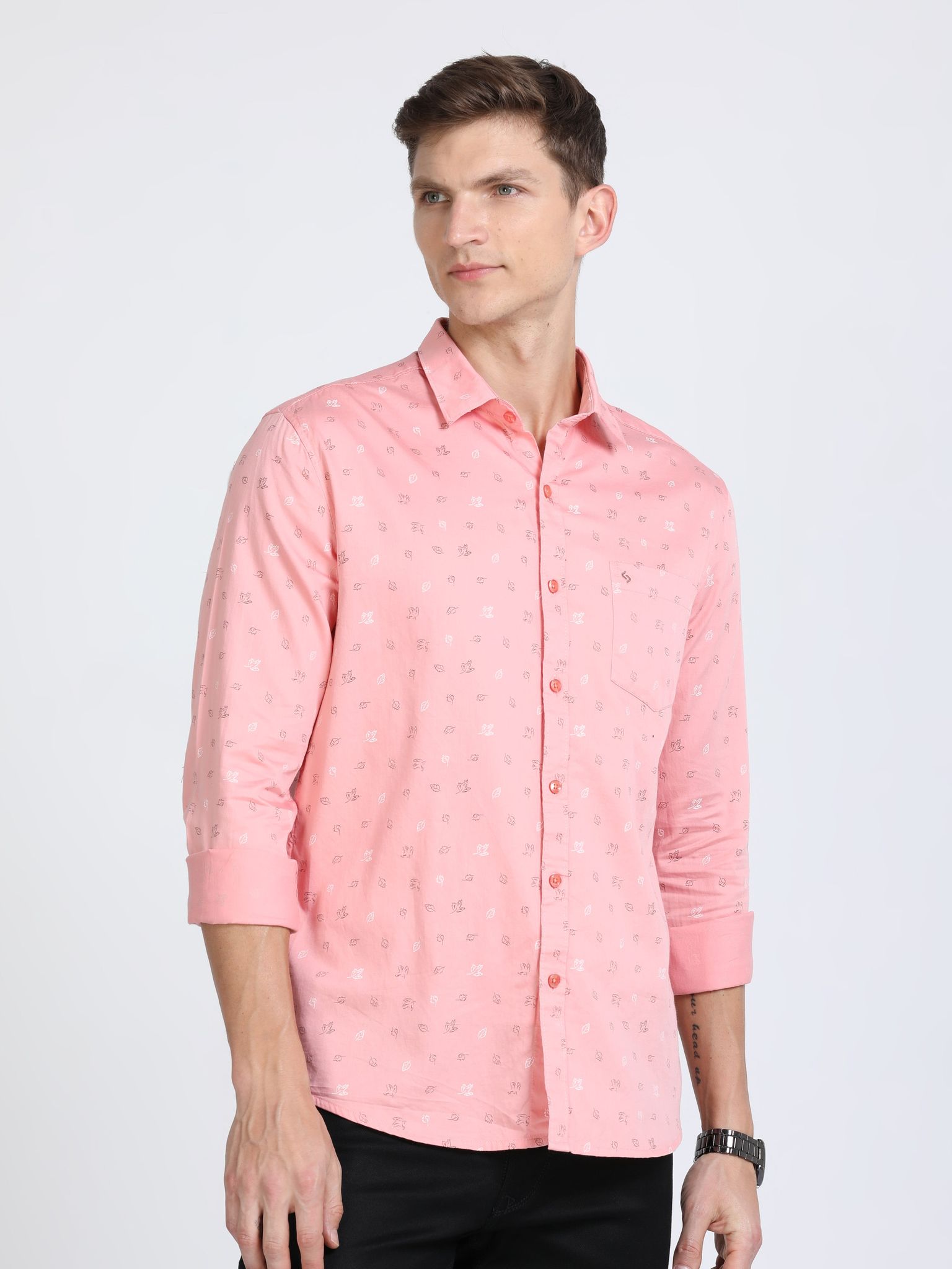 Classic Polo Mens Pure Cotton Full Sleeves Printed Slim Fit Polo Neck Pink Color Woven Shirt | So2-166 B-Fs-Prt-Sf