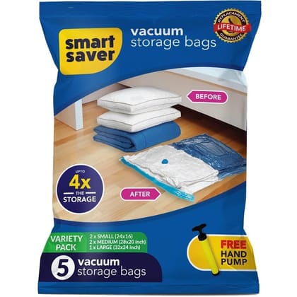 Smart Saver Vacuum Bags for Travel - Space Saver Compression Storage Set (1 Large, 2 Medium, 2 Small) for Clothes, Bedding, Pillows, Comforters - Hand Pump, Protects from Moisture, Dirt, Odors