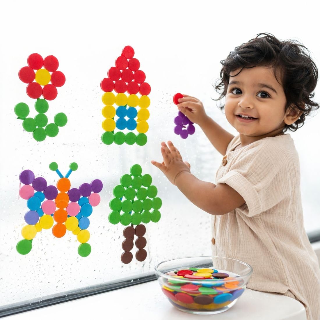 Clever Fox Funlab Magic Circles, 240 EVA Foam Circle Buttons in 6 Colours, Water-Stick Art Kit for Kids, Includes 100 Design Reference Guide, 3+ Years