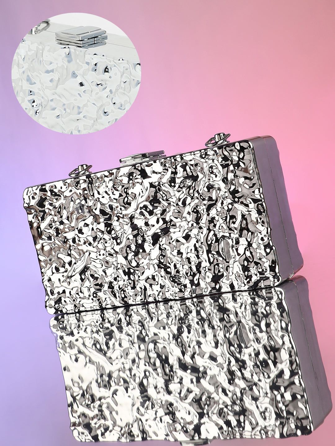 The Dented Chain Clutch Bag - Metallic Silver-Clutches