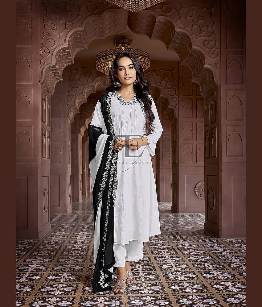 Royal Export Viscose Solid Kurti With Pants Women's Stitched Salwar Suit - White ( Pack of 1 )