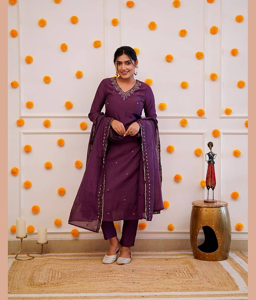 Sanjana Silks Silk Blend Embellished Kurti With Pants Women's Stitched Salwar Suit - Wine ( Pack of 1 )