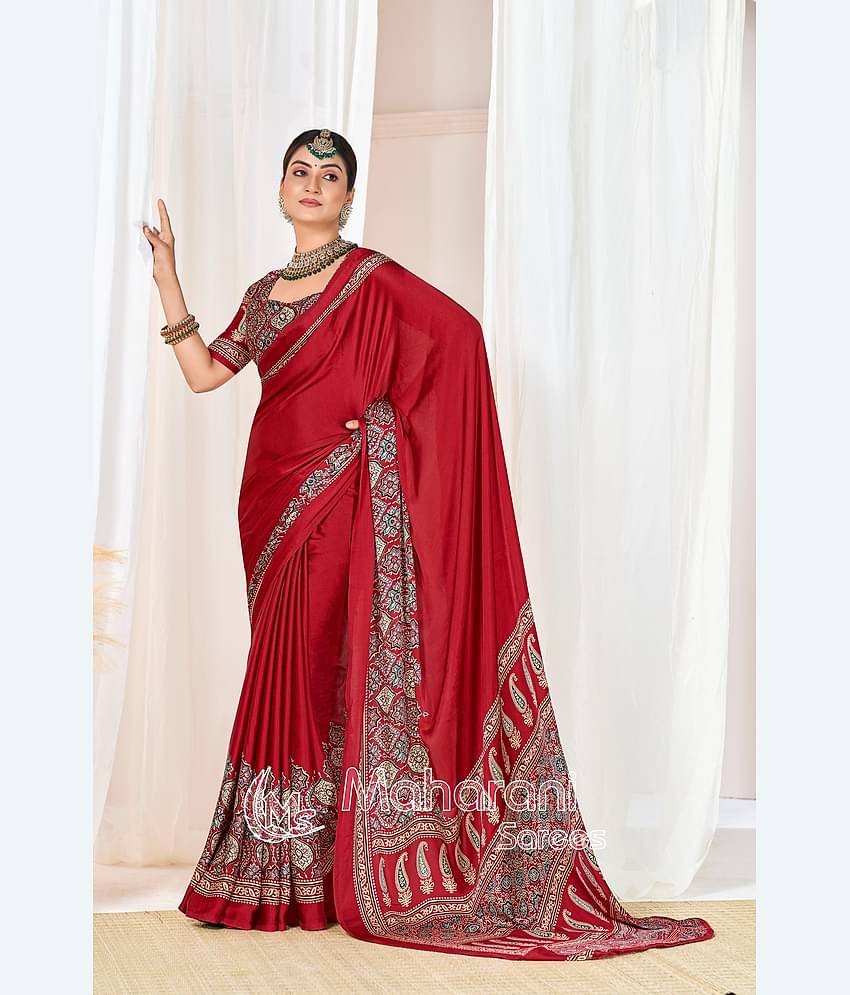 Sanwariya Silks Crepe Printed Sambalpuri Saree With Unstitched Blouse Piece ( Maroon )