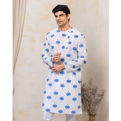 Cotton Malmal Men's Kurta | Indian Lotus, Blue-S