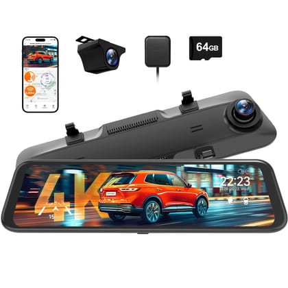 WOLFBOX G850 PRO 4K Rear View Mirror Dash Cam for Car Front and Rear with GPS, ADAS, BSD, 12" Touchscreen, 5.8GHz WiFi, Voice Control, G-Sensor, Loop Recording, 64GB Card Included WOLFBOX G850 PRO 4K Rear View Mirror Dash Cam for Car Front and Rear with 