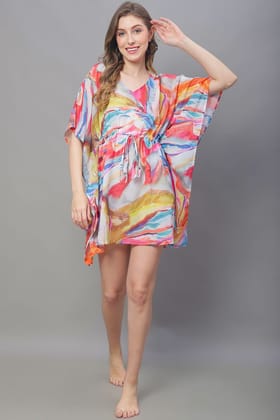 Multi Color Abstract Printed Georgette Coverup Beachwear Kftan For Woman-ONESIZE