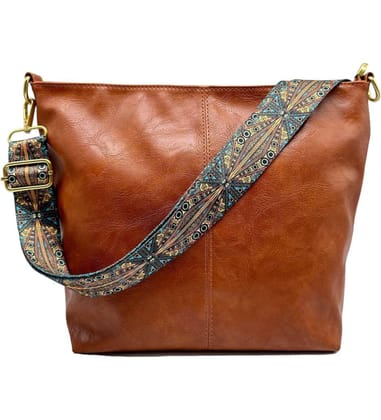 Women's PU Leather Medium Sling bag Zipper Handbag (Brown)