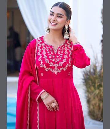 Royal Export Women Silk Blend Embroidered Anarkali Kurti With Pants ( Magenta )