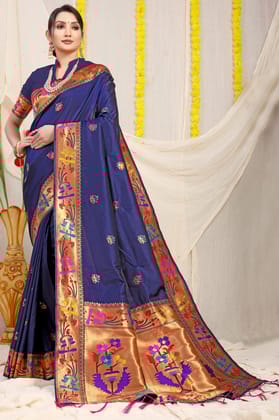 Inspiring Navy Blue Paithani Silk Saree With Gorgeous Blouse Piece