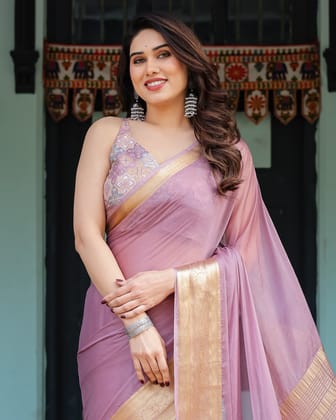 Lavender Plain Chiffon Saree with Gold Zari Border, Printed Blouse & Tassel Details-Regular