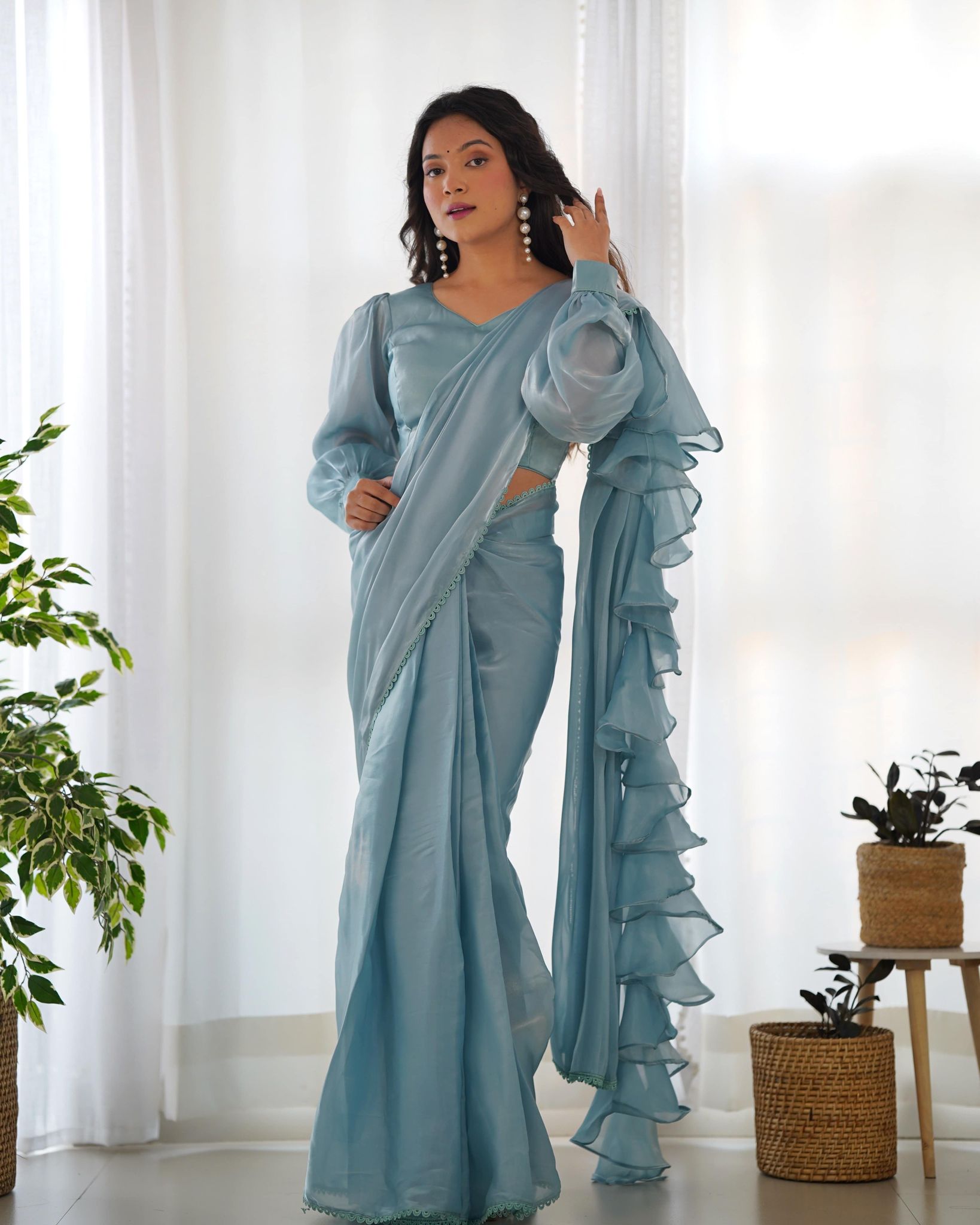 Ready to Wear Pre-draped Saree with Fully Stitched Blouse in Jimmy Choo Fabric-xs