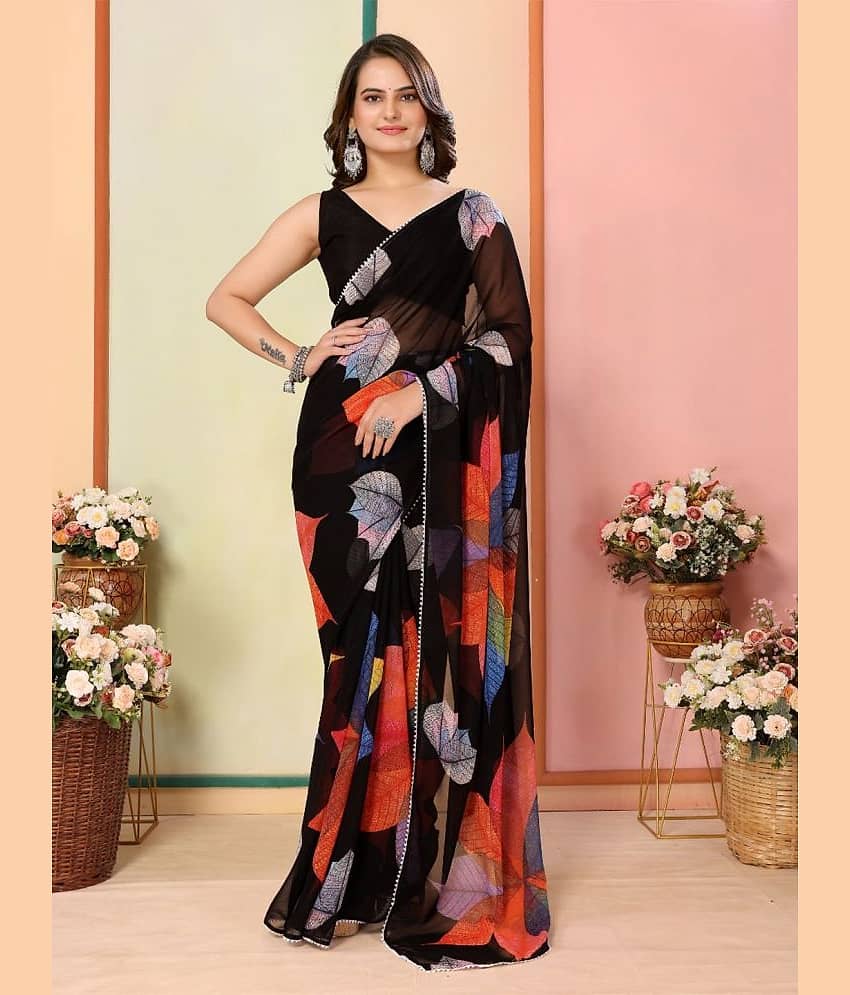BLEESBURY Chiffon Printed Saree With Unstitched Blouse Piece ( Black )