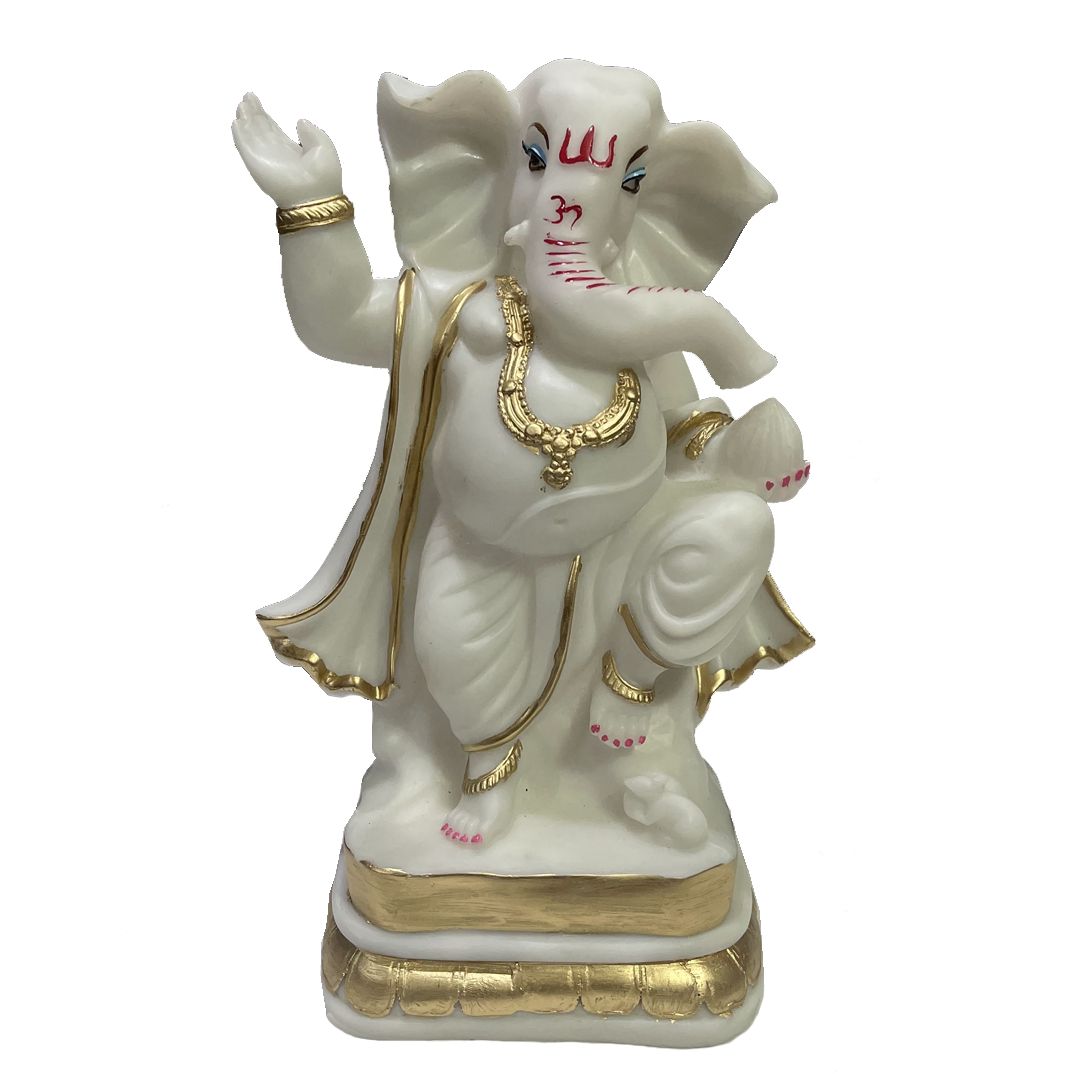 Dancing Ganesha White Marble Statue H – 26.5 cm-Composite Marble