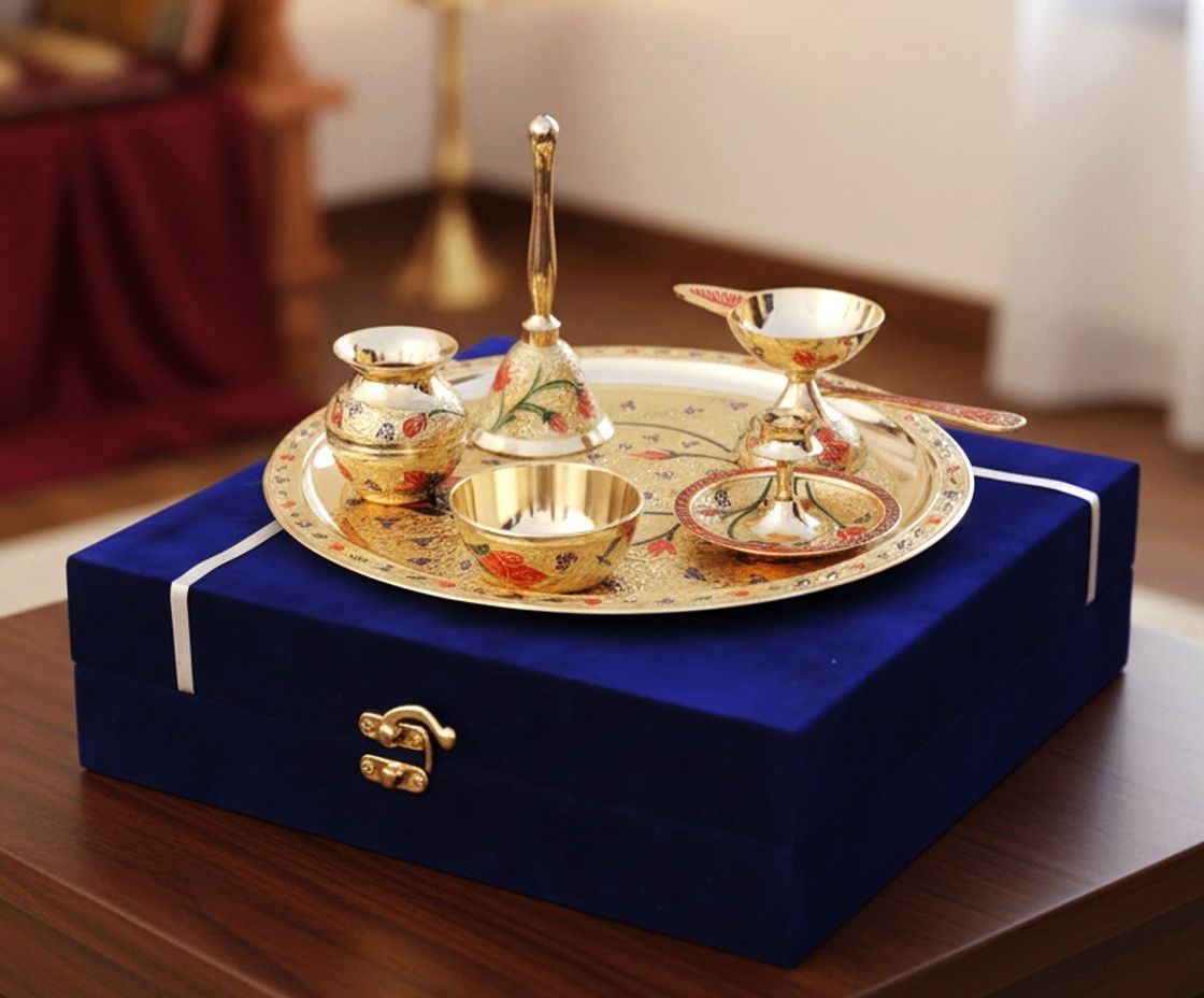 Brass Puja Thali Set With Valvet Box (BMAS296 C)