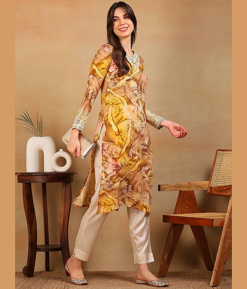 Vaamsi Pack of 1 Cotton Blend Embroidered Straight Women's Kurti - ( Mustard )