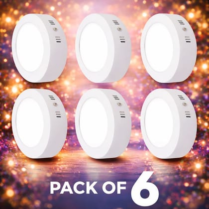 SPARKWORLD 6-Pack 12 W Surface-Mounted Round LED Panel Lights Ultra-Slim White Ceiling Downlights, 3000 K Warm White | Size: 11X5 cm