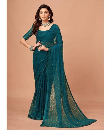 VANRAJ CREATION Brasso Self Design Saree With Unstitched Blouse Piece ( Teal )