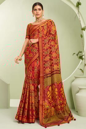 Red Georgette Saree with Brasso Print