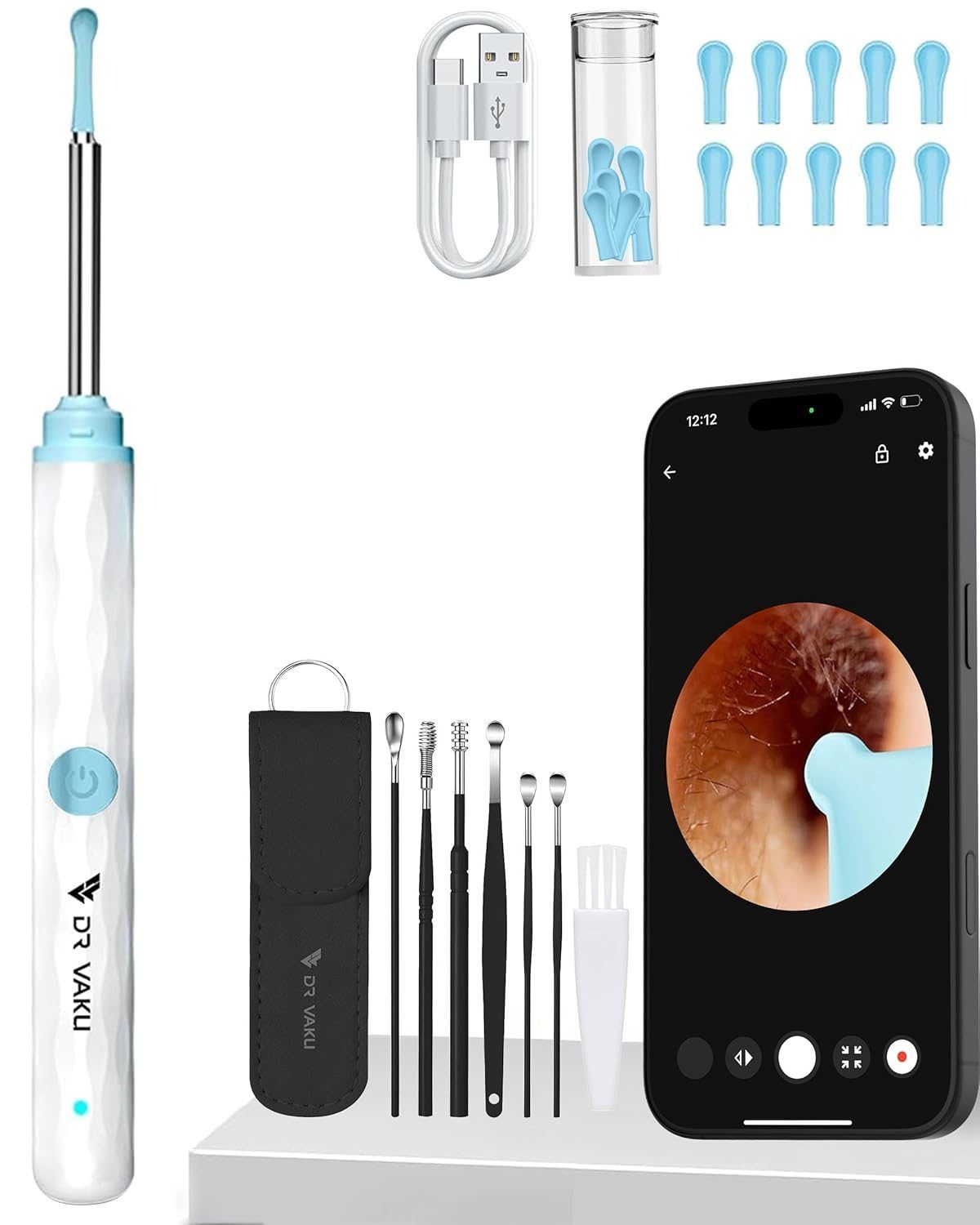 Dr Vaku Earocam Ear Cleaner Earwax Removal Tool with Extra Cleaning Kit (Set of 8), HD Camera, Wi-Fi Connection & 6 LED Lights, Endoscope Tool for iOS & Android, with 11 Silicone Tips - White