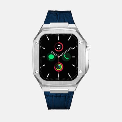 45MM Silver Luxury Edition iWatch Case: Leather Strap-Blue Leather