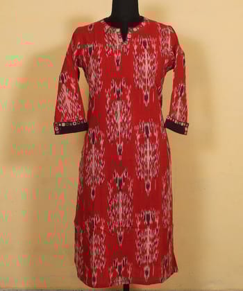 Red black soi hand embroidered on ikkat cloth cotton kurta