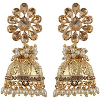 Engraved Jhumki Drop Crystal Top Earrings Golden Copper Material Drop Hook Earrings for Women's Fashion Jewelry