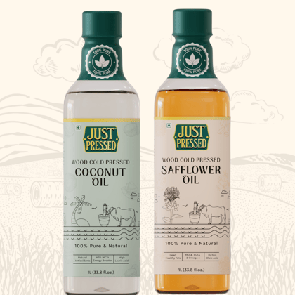 Just Pressed Cold Pressed Safflower Coconut 1 litre each combo-  100% Pure Safflower Kusum Saffola Oil & Coconut Oil | Unrefined & Zero Additives | Healthy Heart Oil | Saffola Hero Ingredient | Kachi Ghani Oil | Wood Cold Pressed Oil