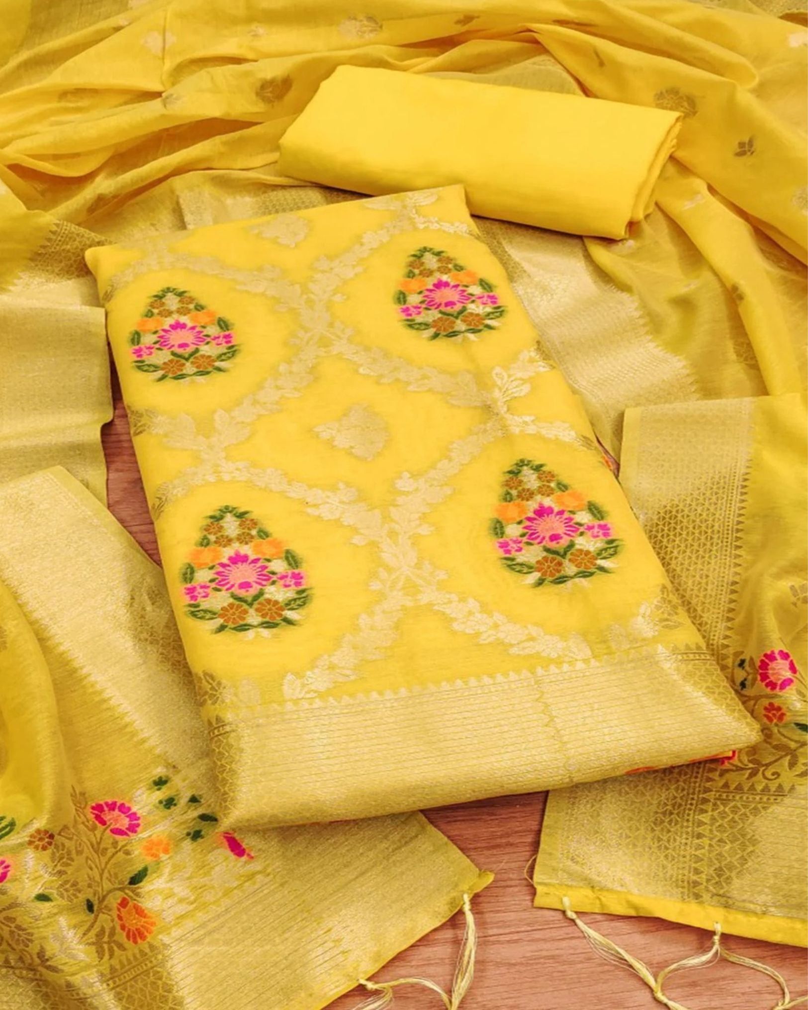 Noor-e-Banaras Cotton Brocade Yellow Suit