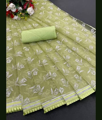 Shree Gullak Silk Lycra Printed Saree With Unstitched Blouse Piece ( Olive )