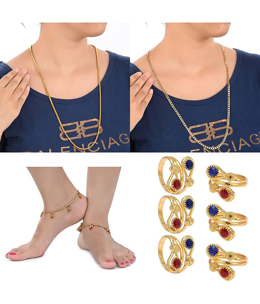 AanyaCentric Gold Plated 1 Pair Anklet 3 Pair Toe Rings 2nos 28inches Long Chains Combo