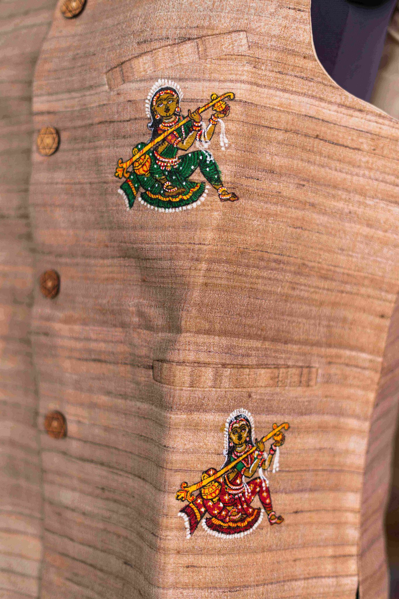 The Divine Rasa: Hand-Painted Krishna Pattachitra on Raw Ghicha Silk Jacket