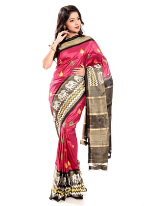 Dark Pink Pochampally Ikkat Silk Saree With Black Border