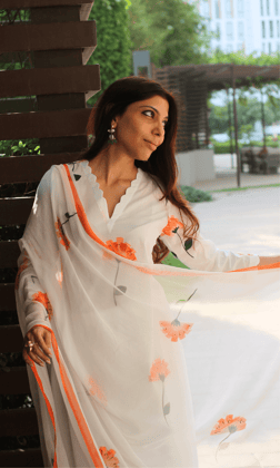 Cotton White & Mandarin Handblock Print Suit with Chiffon Printed Dupatta-XXS