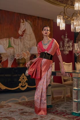 Baby Pink Silk Modal Kashmiri Chaap Handloom Weaving Saree