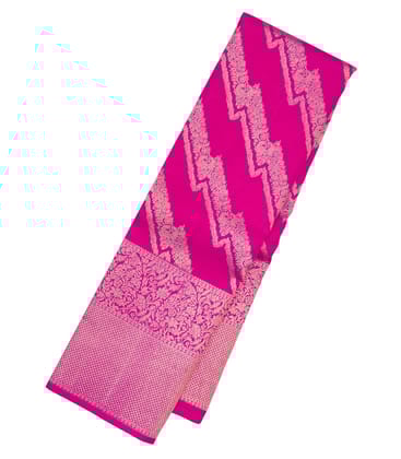 Pink Handloom Kanchipuram Silk Saree With Diagonal Stripes-Pink