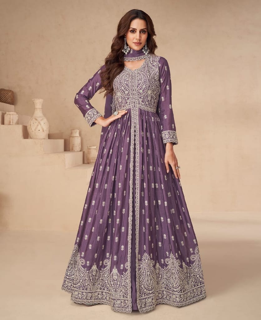 traditional front slit lilac chinon anarkali set for women