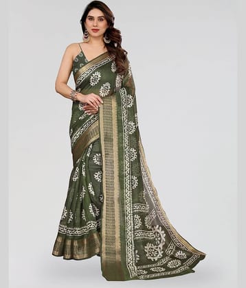 HEMA SILK MILLS Cotton Blend Printed Regular Saree With Unstitched Blouse Piece ( Green )