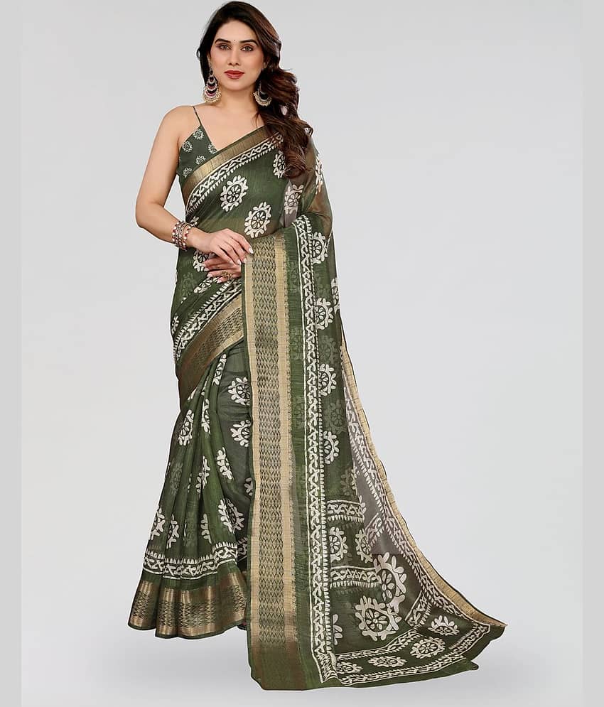 HEMA SILK MILLS Cotton Blend Printed Regular Saree With Unstitched Blouse Piece ( Green )