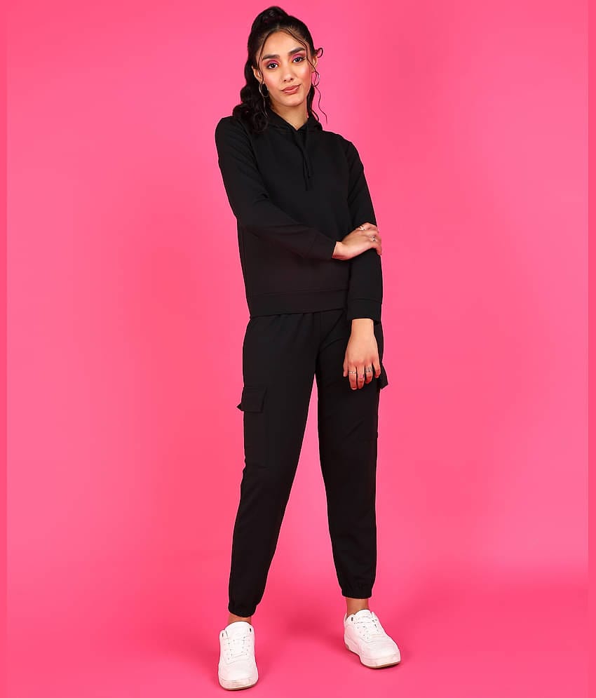 POPWINGS Women Self Design Sweatshirt With Joggers Co-Ord Set ( Black )