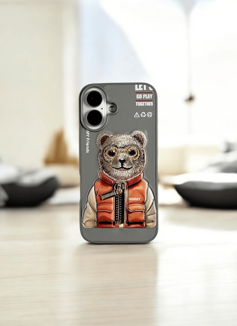 Nimmy Grey Bear Embroidery Case for iPhone 16 Plus