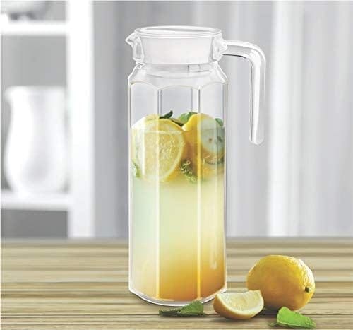 Italian Premium Glass Water Jug with Plastic Lid & Handle | 1.3 Littre |Transparent Carafe for Home, Office | Pitcher for Serve Water, Milk, Juice, Beverage, Chaas, Cocktail |