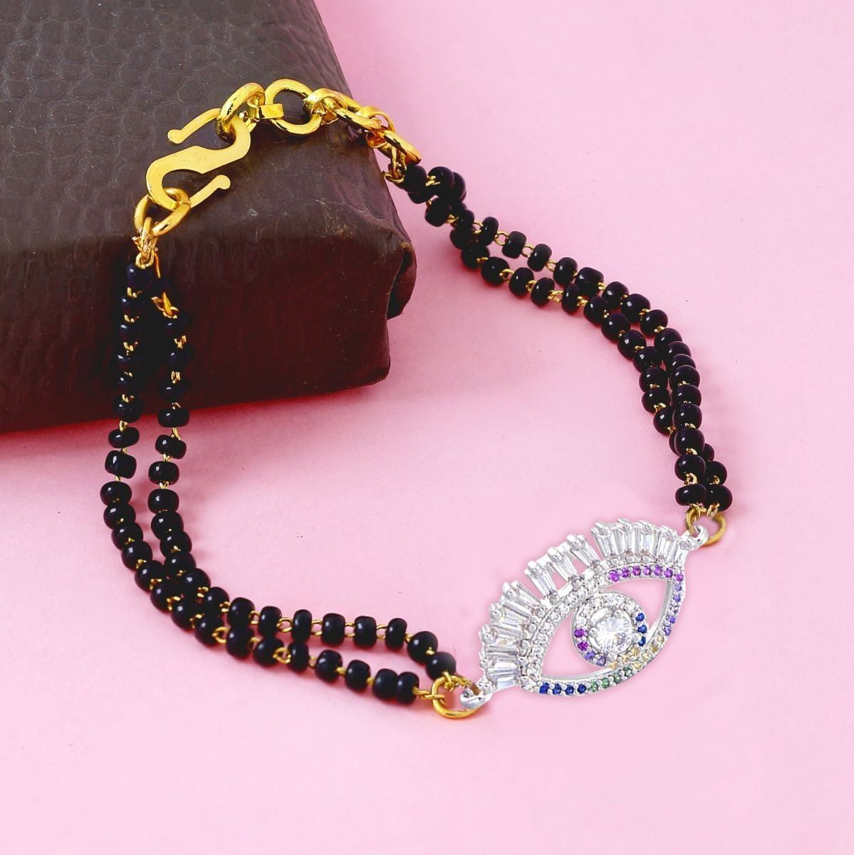 Turkish Evil Eye Good Luck Baguette Cubic Zirconia Adjustable Hand Wrist Mangalsutra Bracelet Women-Silver