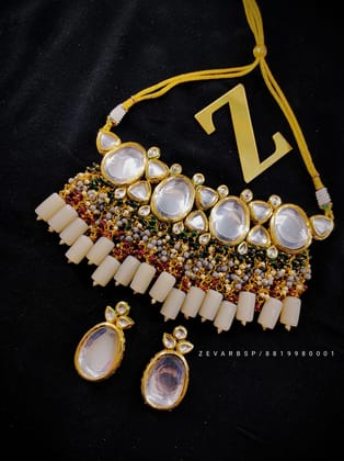 Traditional Kundan Necklace with Earrings - Peacock Colour