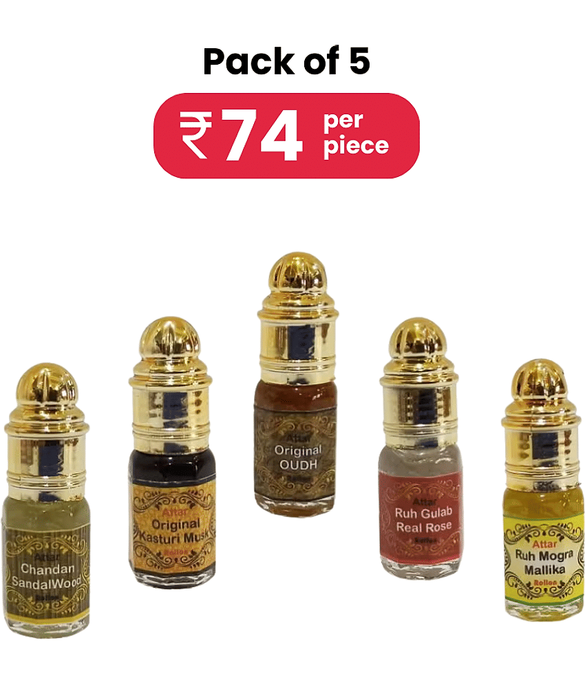 INDRA SUGANDH BHANDAR Attar Chandan/Sandalwood Kasturi, Oudh, Gulab, Mogra 3ml Rollon 5 Pc. Combo Pack