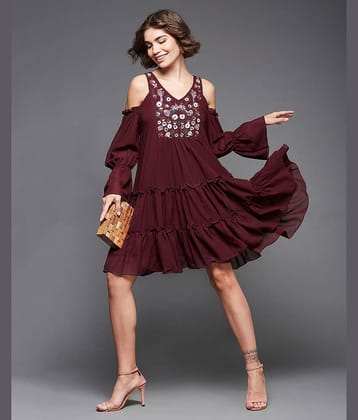Miss Chase Women Polyester Embellished Fit & Flare Dress ( Wine )