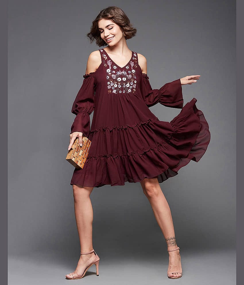 Miss Chase Women Polyester Embellished Fit & Flare Dress ( Wine )