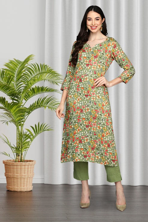 Green Viscose Rayon Floral A-Line Kurta VCK9405 - Kurtas & Kurta Sets | Buy online on ZillyBuy