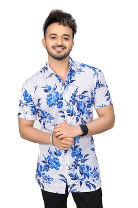"Blue Floral Bliss on White Half Sleeve Tee by Glamastitch"-S