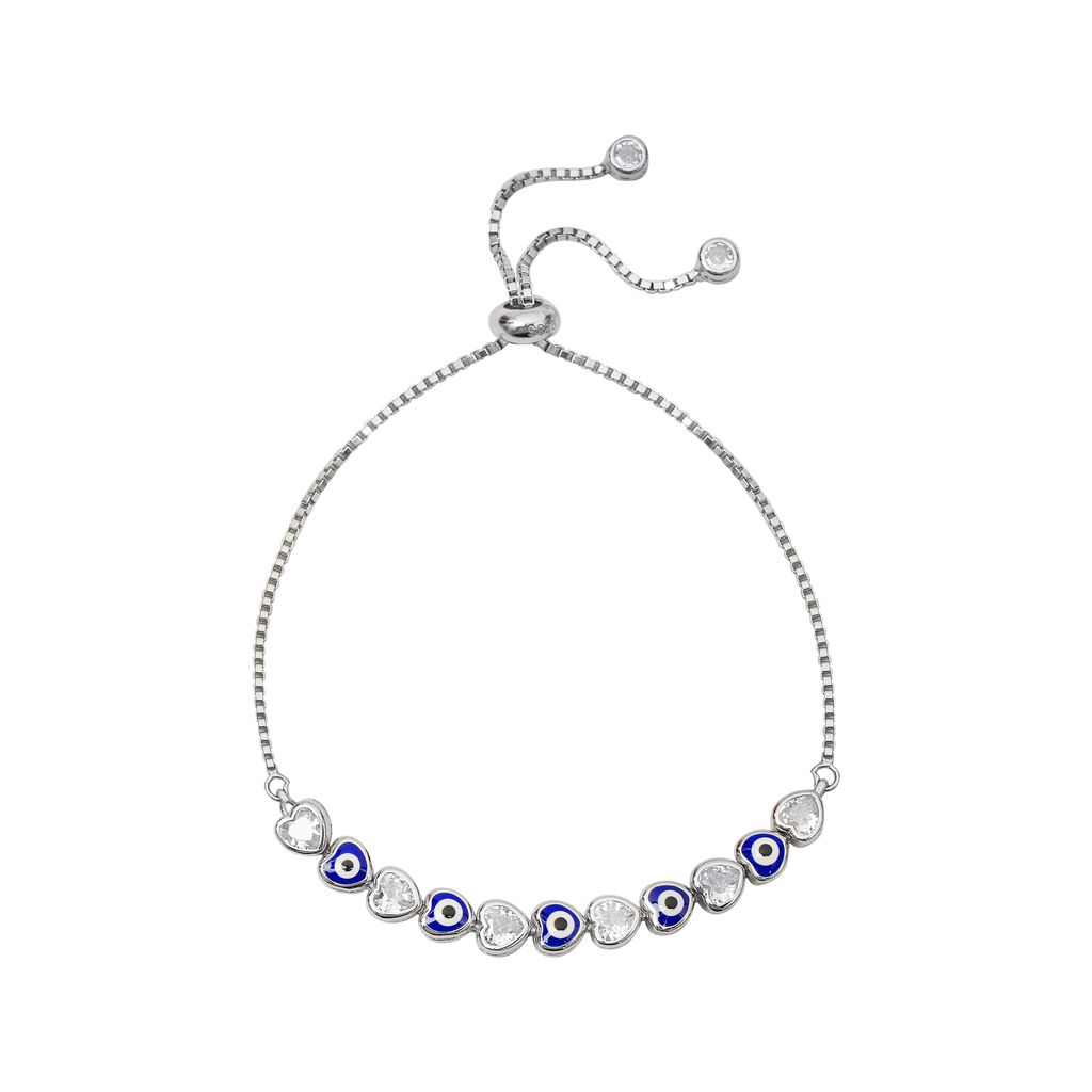 925 Sterling Silver Evil Eye Adjustable Bracelet with Cubic Zirconia Hearts for Women | Protection Charm Jewelry I Weight - 6.15 g